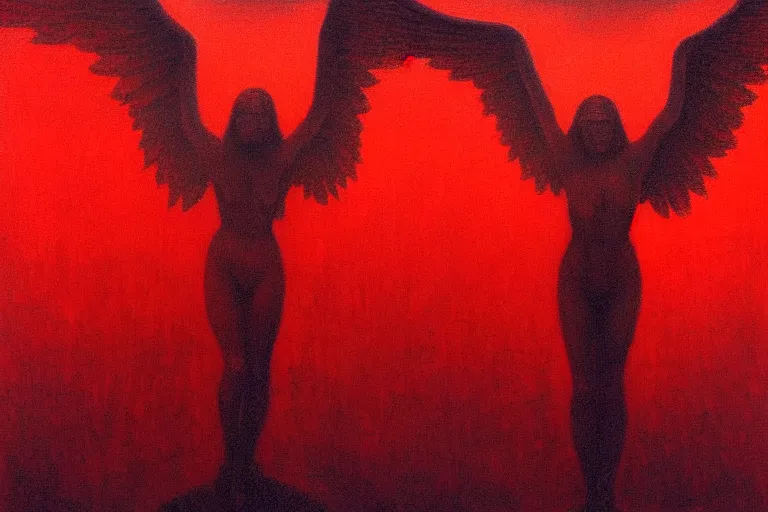 Image similar to only with red, a red angel announce the win, at the gates of a rich renaissance city. inthe background, pathos, in the style of beksinski, part by hopper, part by rodcenko, part by hofbauer, intricate composition, red by caravaggio, insanely quality, highly detailed, masterpiece, red light, artstation