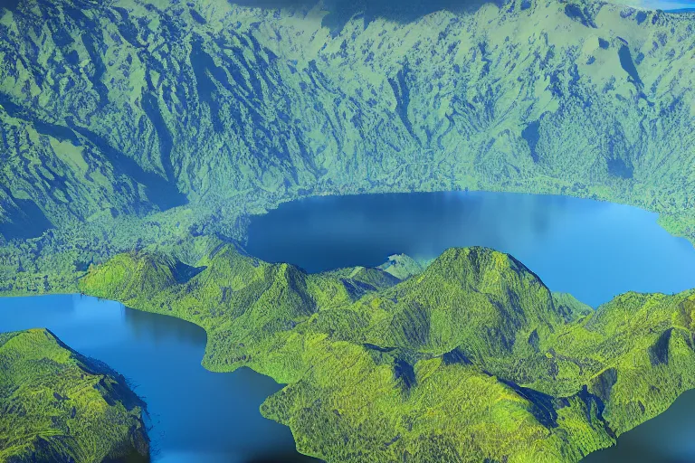 Prompt: digital concept art,aerial drone wide view of Lake Toba by Bernhard Edmaier,tectonics,islands,structural geology,photorealistic,unreal engine,8k