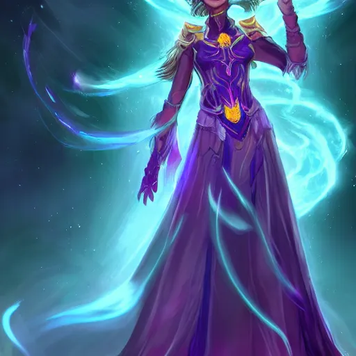 Image similar to character concept art of an astromancer wearing a beautiful cascading nebula gown