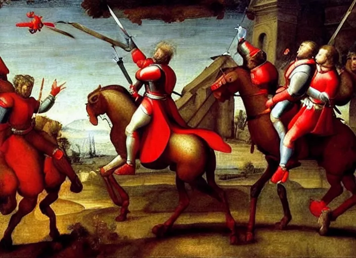 Image similar to a renaissance painting of a war between knights in red armor riding horses and drow warriors riding giant spiders, by raphael, great masterpiece, award winning historic painting, dynamic composition