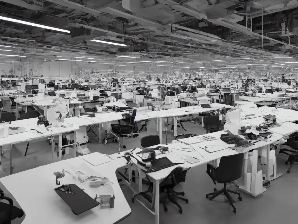 Prompt: candid photo rows upon rows of workshop desks perfectly knolled, stretching off to the horizon, sunrise cozy futuristic zero - g open - air design studio by jony ive, scale model floating in midair in front of me, brilliant daylight vr os ux, leica 8 k still from an a 2 4 film