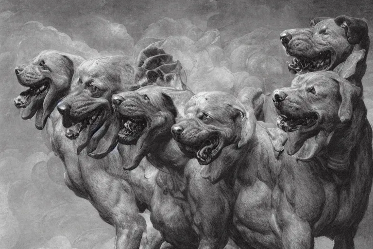 Image similar to hyperdetailed matte art of a three headed dog cerberus by william blake, ilya repin, amano, rene magritte, craig mullins, three headed dog cerberus, details