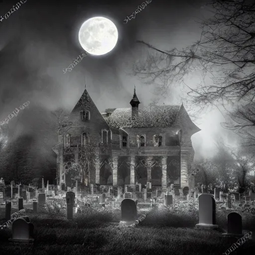 Image similar to lit chandeliers falling in a graveyard, moonlight sky, haunting, ravens, ghostly vibe