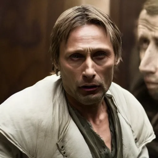 Image similar to mads mikkelsen stealing the declaration of independence, hyper detailed