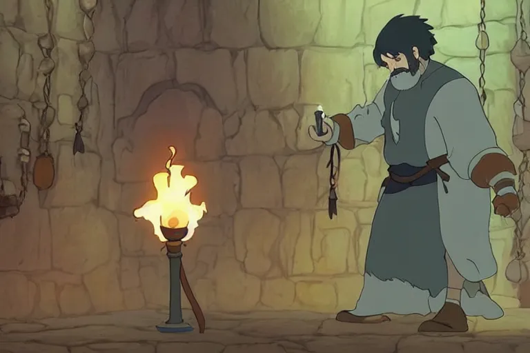 Prompt: a bearded man holds a torch and explores a Dungeon, luminous, Studio Ghibli