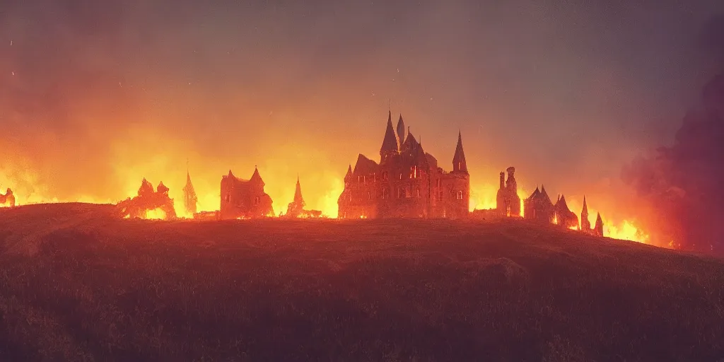 Prompt: a royal grand medieval castle on fire at night, intense lighting, on top of a hill, from a distance, intense smoke, burning down, intense flames, lots of embers, center focus, landscape by simon stalenhag, rendered by beeple, by makoto shinkai, digital art