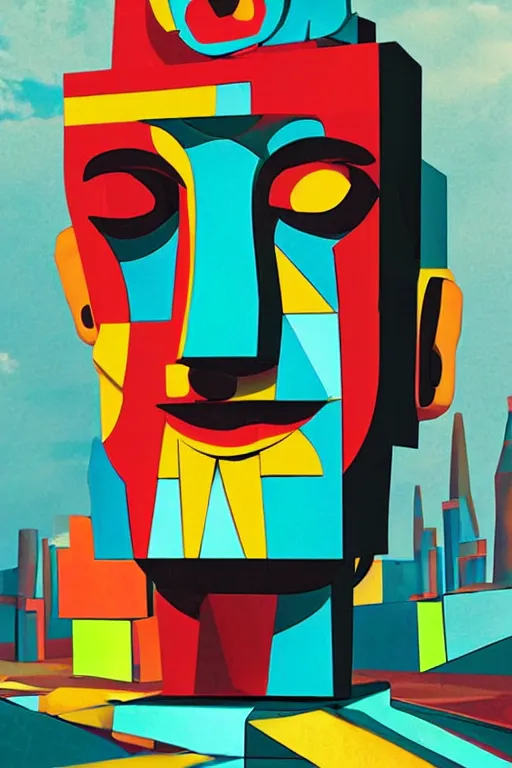 Image similar to cubist moai statue cutout digital illustration cartoon colorful beeple