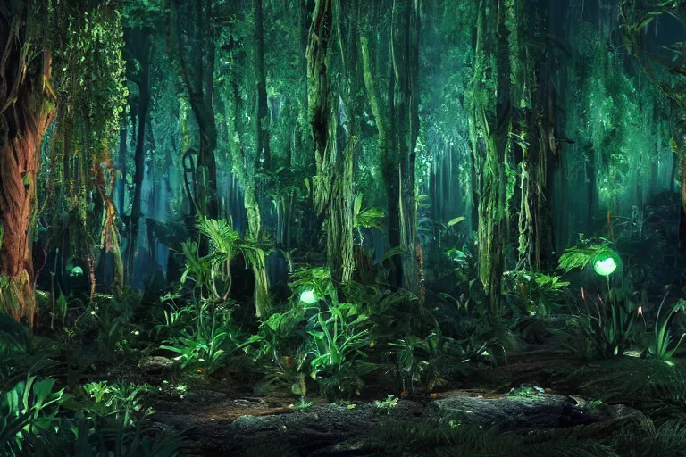 Prompt: scene still of avatar variety bioluminescent forest at night. 4 k cinematic cg weta weta weta color grading lut balance perfect lighting