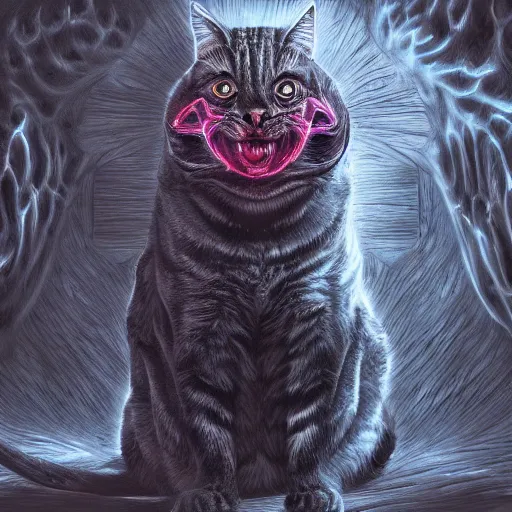 Image similar to photorealistic demonic cat in the style of michael whelan and gustave dore. hyperdetailed photorealism, 1 0 8 megapixels, amazing depth, glowing rich colors, powerful imagery, psychedelic overtones, 3 d finalrender, 3 d shading, cinematic lighting, artstation concept art