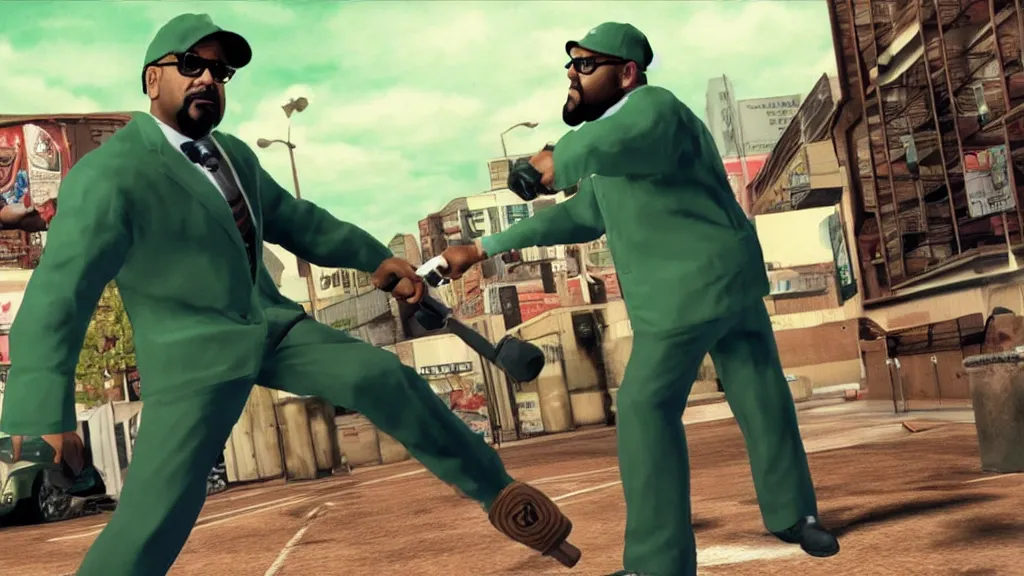 Prompt: Still of a PS2 videogame-looking Big Smoke with green clothing wielding a baseball bat in Better Call Saul