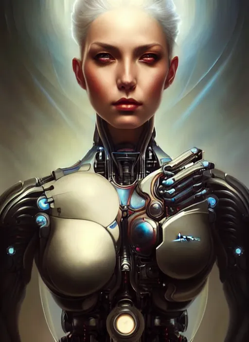 Image similar to a beautiful woman with cybernetic muscles, painted by artgerm and tom bagshaw, fantasy art, dramatic lighting, highly detailed oil painting