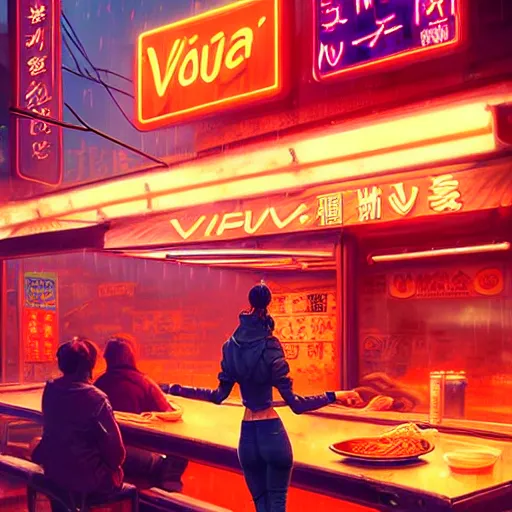 Image similar to splash art of anthropomorphic female vulpes vulpes fulva woman at a noodle stand eating ramen in the crowded street of a cyberpunk city, rain, harsh neon lighting, realistic, ultra detailed, by greg rutkowski, wlop, sakimichan, artgerm