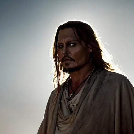 Prompt: stunning awe inspiring johnny depp as the jesus christ, movie still 8 k hdr atmospheric lighting