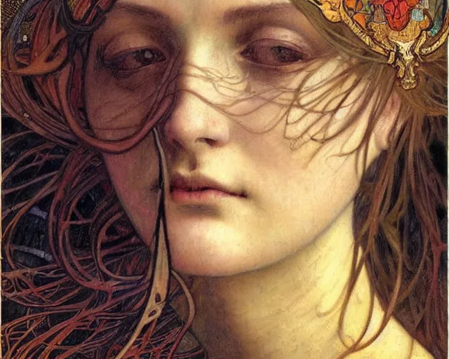 Image similar to detailed realistic beautiful young medieval queen face portrait by jean delville, alphonse mucha, vincent van gogh, and marco mazzoni, art nouveau, symbolist, visionary, gothic, pre - raphaelite