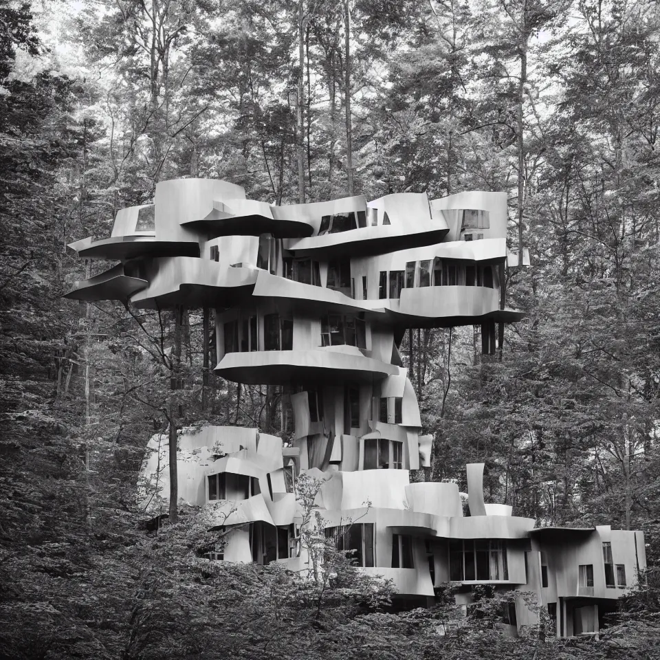 Image similar to architecture ad for a mid-century modern house in the middle of the forest, designed by Frank Gehry. Film grain, cinematic, grayscale, yellow hue