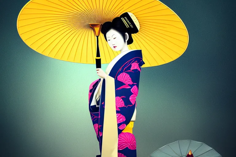 Image similar to surreal fullbody Portrait of japanese geisha with yellow umbrella in dmt chromatic misty enviroment, elegant, highly detailed, smooth, sharp focus, illustration, beautiful, geometric, dmt trending on artstation, cinematic, artwork by WLOP