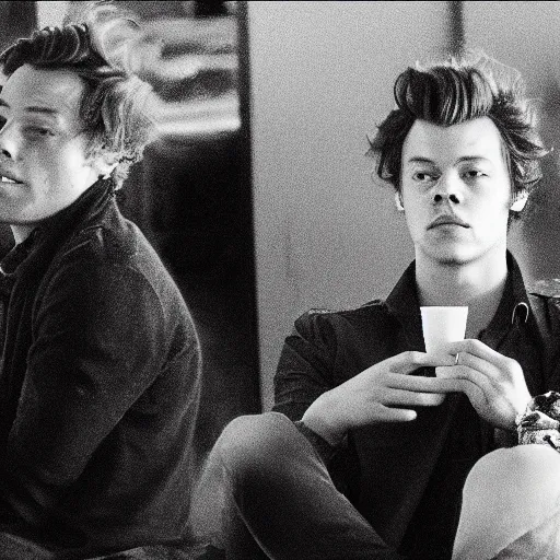 Prompt: found footage of Harry Styles sitting on the floor on some kind of pills, 2022