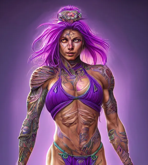 Image similar to muscular female warrior holding knife hilt, perfect face, diadem, detailed neon tattoos, neon bikini armor, purple flowing hair, abs, cinematic, blush, stunning, athletic, strong, agile, highly detailed, psychedelic, digital painting, artstation, smooth, hard focus, rim lighting, back lighting, illustration, art by jessica rossier and and brian froud