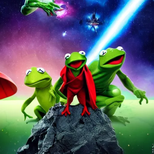 Image similar to the avengers battle one kermit the frog in space, galaxy, hd, 8 k, explosions, gunfire, lasers, giant, epic, showdown, colorful, realistic photo, unreal engine, stars, prophecy, epic oil painting, powerful, diffused lighting, destroyed planet, debris, justice league, movie poster, violent,