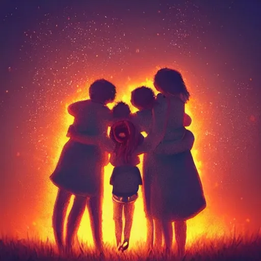 Image similar to “A family hugging each other for the last time as the world is ending, meteors are falling from the sky, everything is on fire, dramatic lighting, digital art, very very very very very very beautiful, 8K, dark lighting, trending on Artstation, award winning”