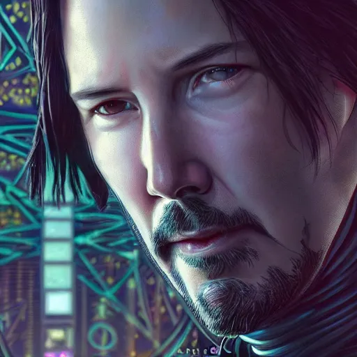 Prompt: closeup of Keanu Reeves in a cyberpunk city, film still, D&D, fantasy, intricate, elegant, highly detailed, digital painting, artstation, concept art, matte, sharp focus, illustration, hearthstone, art by Artgerm and Greg Rutkowski and Alphonse Mucha