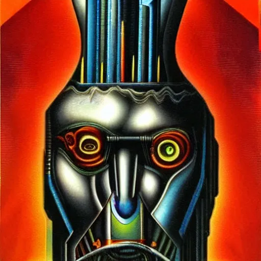 Image similar to futurist cyborg emperor, perfect future, award winning art by hr giger, iridescent color palette