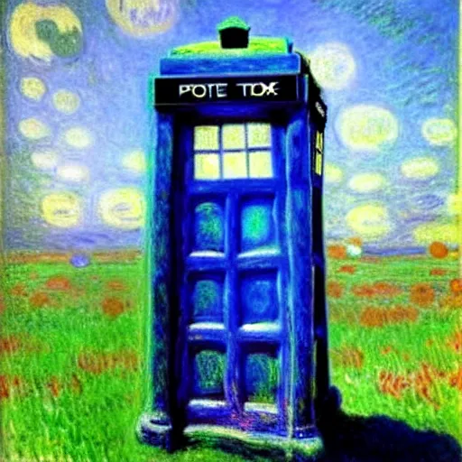 Image similar to an explosing tardis painted by monet, beautiful, highly detailed