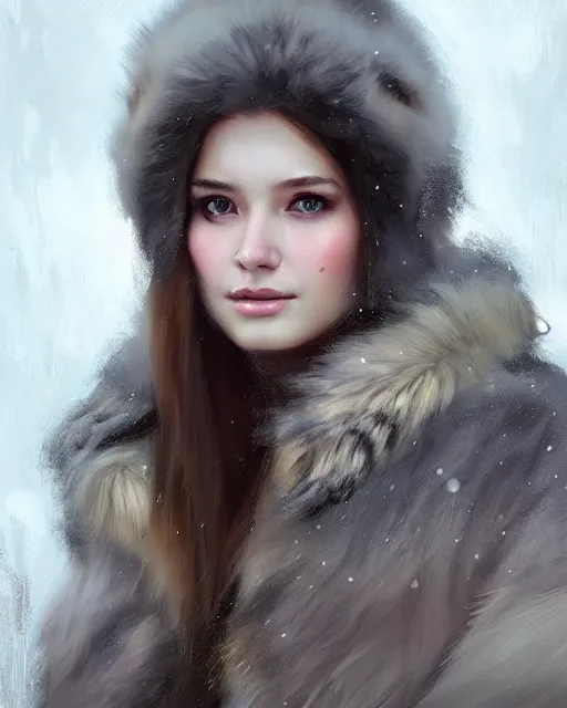 Image similar to a beautiful siberian girl with bear fur coat with hot decollete | | winter, realistic shaded, unpleasant face, bad looking, fine details, realistic shaded lighting poster by greg rutkowski, magali villeneuve, artgerm, jeremy lipkin and michael garmash and rob rey