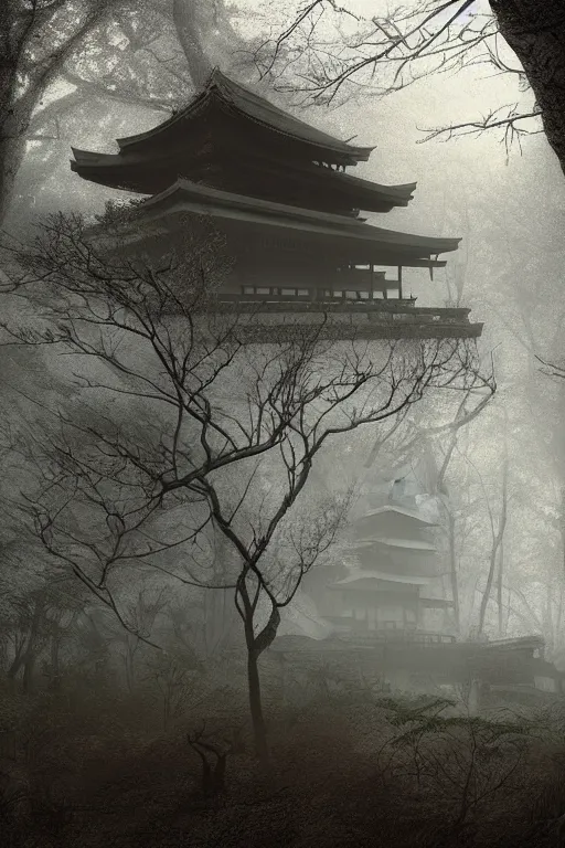 Image similar to Japanese abandoned temple in the woods, dark, moody, foggy, mysterious by Marc Simonetti