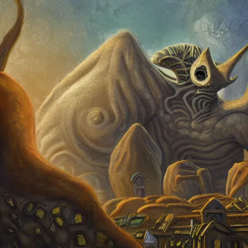 Image similar to a village built on the god of nyarlathotep, toad - like creatures that seemed to change their shape and appearance constantly, and from which emanated, in some way that i am unable to distinguish, a horrible hooting, a kind of flute. oil painting, digital art, ultradetailed, artstation