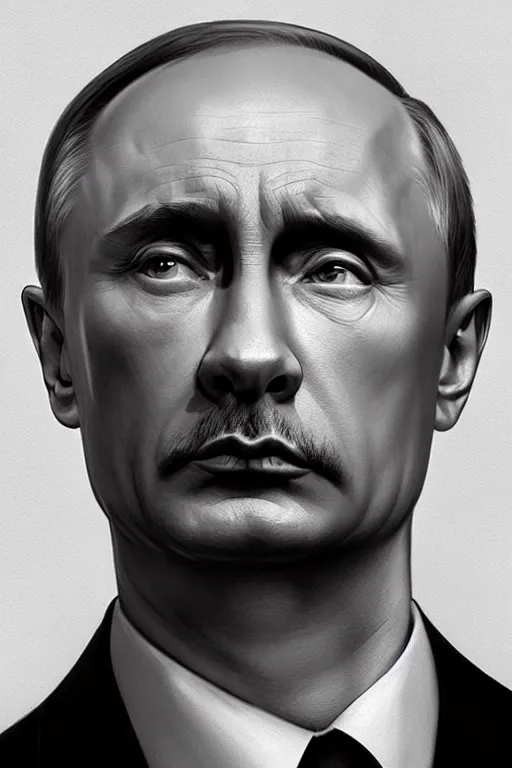 Image similar to vladimir putin playing hitler in a movie, realistic portrait, symmetrical, highly detailed, digital painting, artstation, concept art, smooth, sharp focus, illustration, cinematic lighting, art by artgerm and greg rutkowski and alphonse mucha