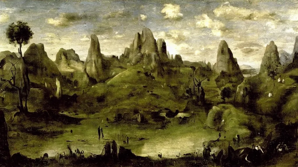Prompt: high fantasy landscape, by camille corot, by hieronymus bosch, fine art, volumetric lighting