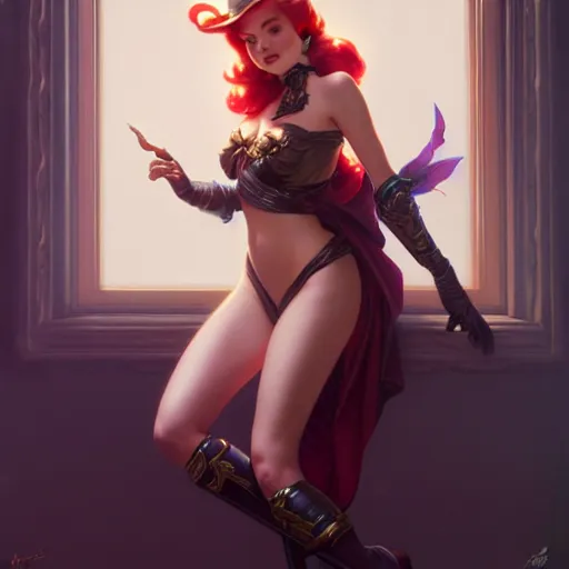 Image similar to of Miss Fortune from League of Legends, dark fantasy, medium shot, intricate, ornate, elegant, highly detailed, digital painting, volumetric light, artstation, concept art, smooth, sharp focus, illustration, art by Gil elvgren and charlie bowater and greg rutkowski and alphonse mucha