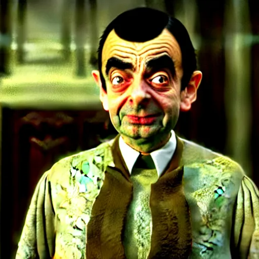 Prompt: mr. bean as wednesday from the adams family. movie still. cinematic lighting.