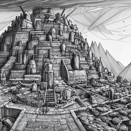 Prompt: detailed epic fantasy drawing of a fantastical city in the desert