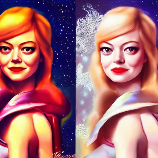 Image similar to digital painting of Emma Stone as a Disney princess wearing snow white's dress, Pixar style, professional studio lightening, volumetric lightening, photorealism by Tristan Eaton Stanley Artgerm and Tom Bagshaw