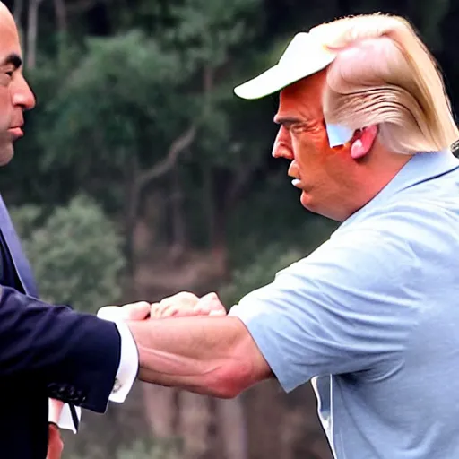 Image similar to joe rogan and donald trump fist bumping, high quality