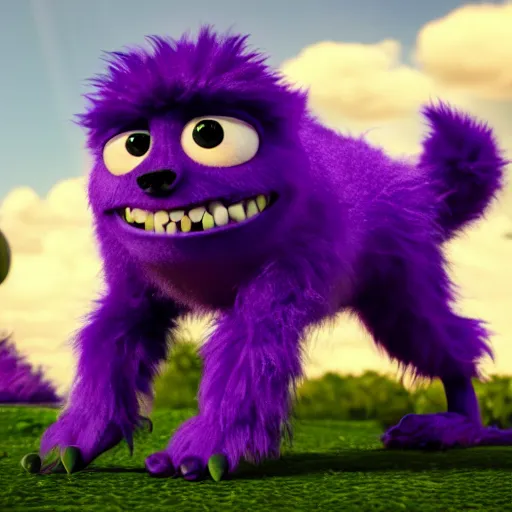 Image similar to a purple fluffy monster, adorable and cute, pixar, octane render, 4k, monster in middle of picture