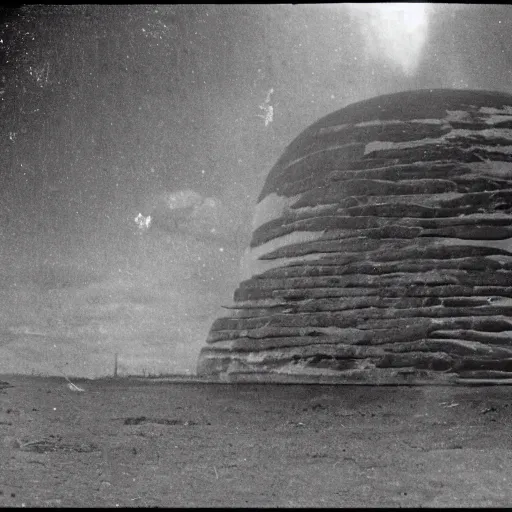 Prompt: old photograph from a strange alien city, hollow earth, black and white