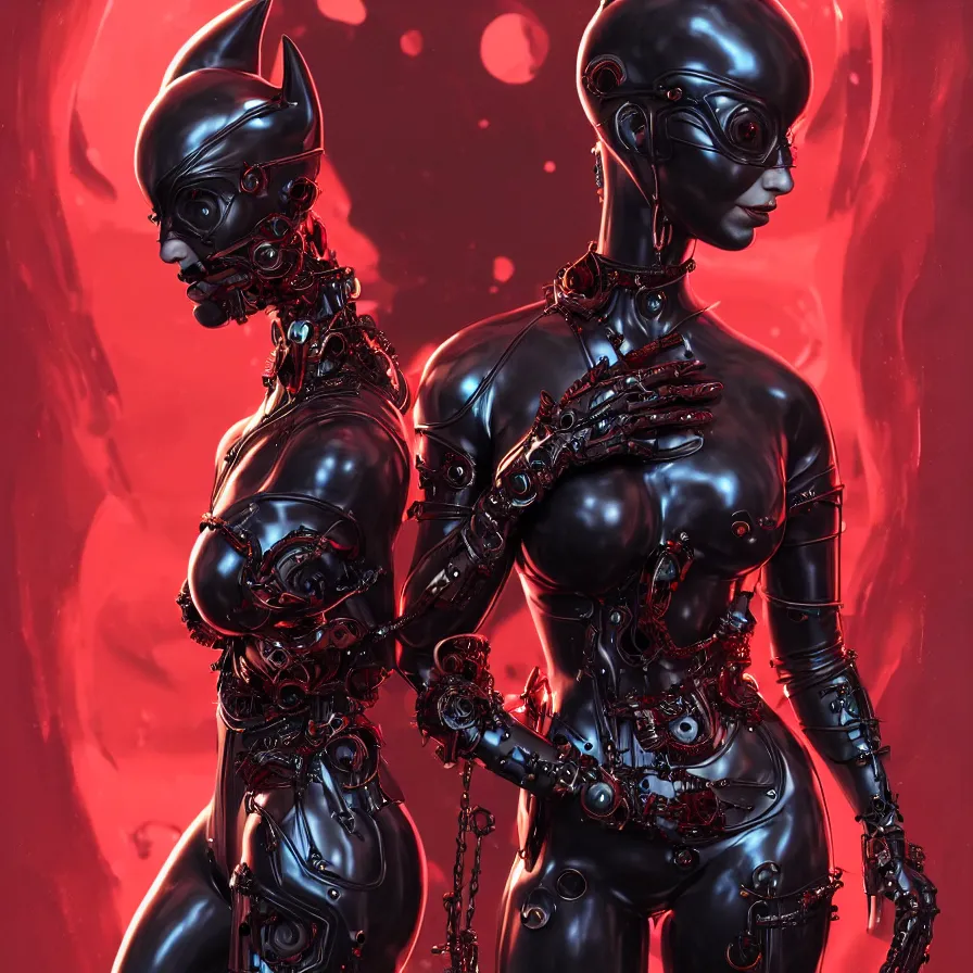 Prompt: portrait, super hero pose, catwoman marble statue red biomechanical dress, inflateble shapes, wearing epic bionic cyborg implants, masterpiece, intricate, biopunk futuristic wardrobe, highly detailed, art by akira, mike mignola, artstation, concept art, background galaxy, cyberpunk, octane render