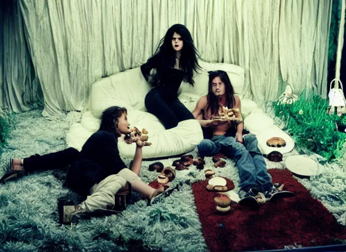 Prompt: Selena Gomez and Young Johnny Depp eating mushrooms and tripping in a shag carpet house, photograph by Annie Leibovitz