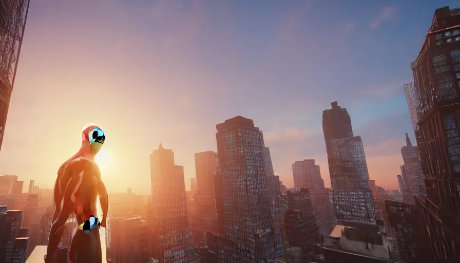 Image similar to spider - man on top of a building in new york watching the sunset, unreal engine 5, render, cg society