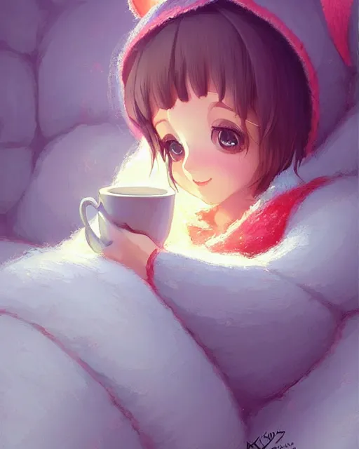 Prompt: a cute koala, big eyes, cuddled up in a blanket, holding acup of hot chocolate, digital painting by krenz cushart, ilya kuvshinov, victo ngai, thomas kinkade. cute cozy room, highly detailed, award winning, artstation