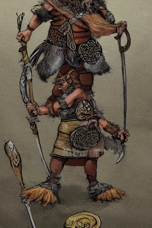 Image similar to full body character concept art of Seohaid of the Murine Hordes, a La Tene Culture Celtic chieftain and warrior, resplendent and proud of bearing. Has a one-eyed rat as a familiar. Eoghaill is the leader of an Comlagh Naomh a group of Iron Age Celtic mercenaries. high quality high detail realistic painting in the style of Angus McBride, Rebecca Guay, and Michael William Kaluta.