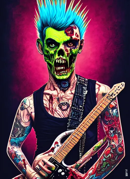 Image similar to a zombie punk rocker with a mohawk playing electric guitar, tristan eaton, victo ngai, artgerm, rhads, ross draws