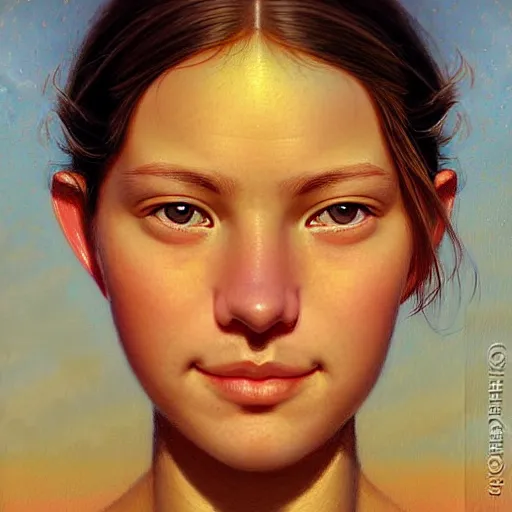 Prompt: Facial portrait of a cute shy woman, looking at the camera, slight awkward smile, lips slightly parted, no hands visible,, intricate, extremely detailed painting by Greg Rutkowski and by Henry Justice Ford and by Jean Giraud, golden hour