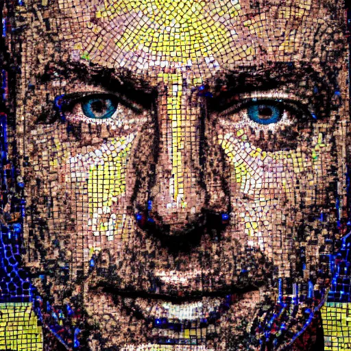 Prompt: portrait mosaic of Emmanuel macron with robot eyes, 4k, intricate details, digital, sun in the background