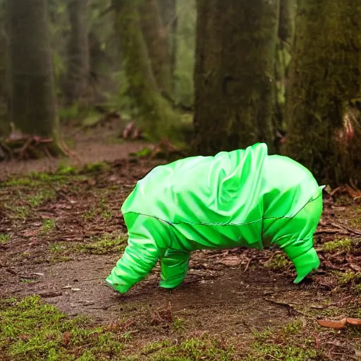 Prompt: photograph of a cute pig walking upright wearing a green dinosaur raincoat