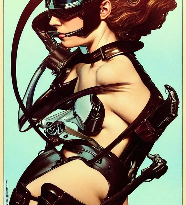 Prompt: realistic detailed portrait of a handsome futuristic woman racing pilot in leather and armor, sleek minimal elegant design by moebius, jodorowsky, alphonse mucha, ayami kojima, amano, greg hildebrandt, and mark brooks, female, hero, sexy, art nouveau, cyberpunk, neo - gothic, gothic, masterpiece artwork, character concept design,