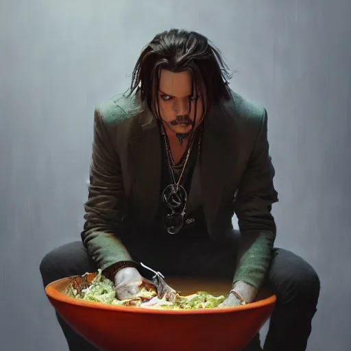 Image similar to johnny depp sitting in a bowl of dip, ultra high detailed, oil painting, greg rutkowski, charlie bowater, yuumei, yanjun cheng, unreal 5, daz, hyperrealistic, octane render, rpg portrait, dynamic lighting